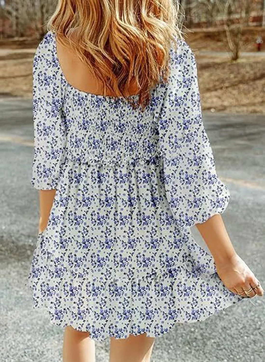 Women's Square Neck Short Sumemr Dress Long Sleeve Ruffle Ruched dersses for Women Casual 2024 Floral Aline Mini Dress