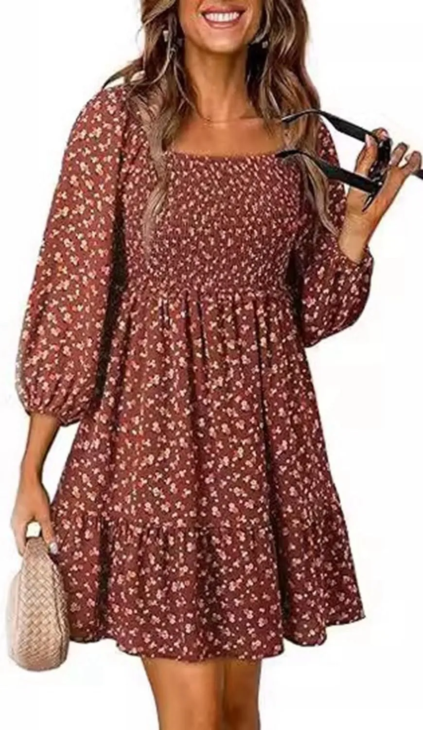Women's Square Neck Short Sumemr Dress Long Sleeve Ruffle Ruched dersses for Women Casual 2024 Floral Aline Mini Dress