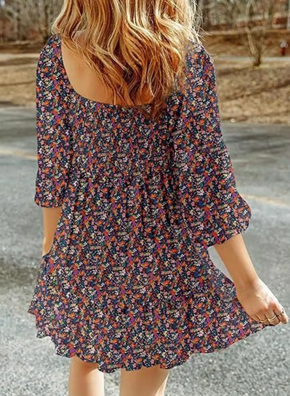 Women's Square Neck Short Sumemr Dress Long Sleeve Ruffle Ruched dersses for Women Casual 2024 Floral Aline Mini Dress
