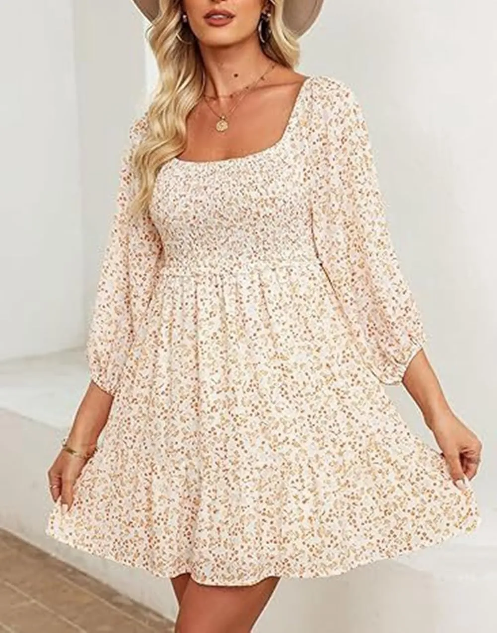 Women's Square Neck Short Sumemr Dress Long Sleeve Ruffle Ruched dersses for Women Casual 2024 Floral Aline Mini Dress