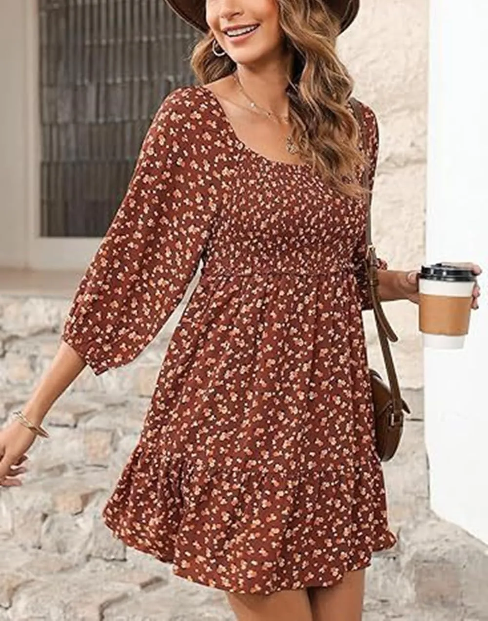Women's Square Neck Short Sumemr Dress Long Sleeve Ruffle Ruched dersses for Women Casual 2024 Floral Aline Mini Dress