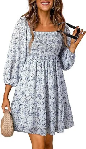 Women's Square Neck Short Sumemr Dress Long Sleeve Ruffle Ruched dersses for Women Casual 2024 Floral Aline Mini Dress