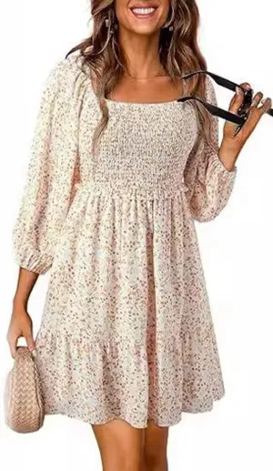 Women's Square Neck Short Sumemr Dress Long Sleeve Ruffle Ruched dersses for Women Casual 2024 Floral Aline Mini Dress