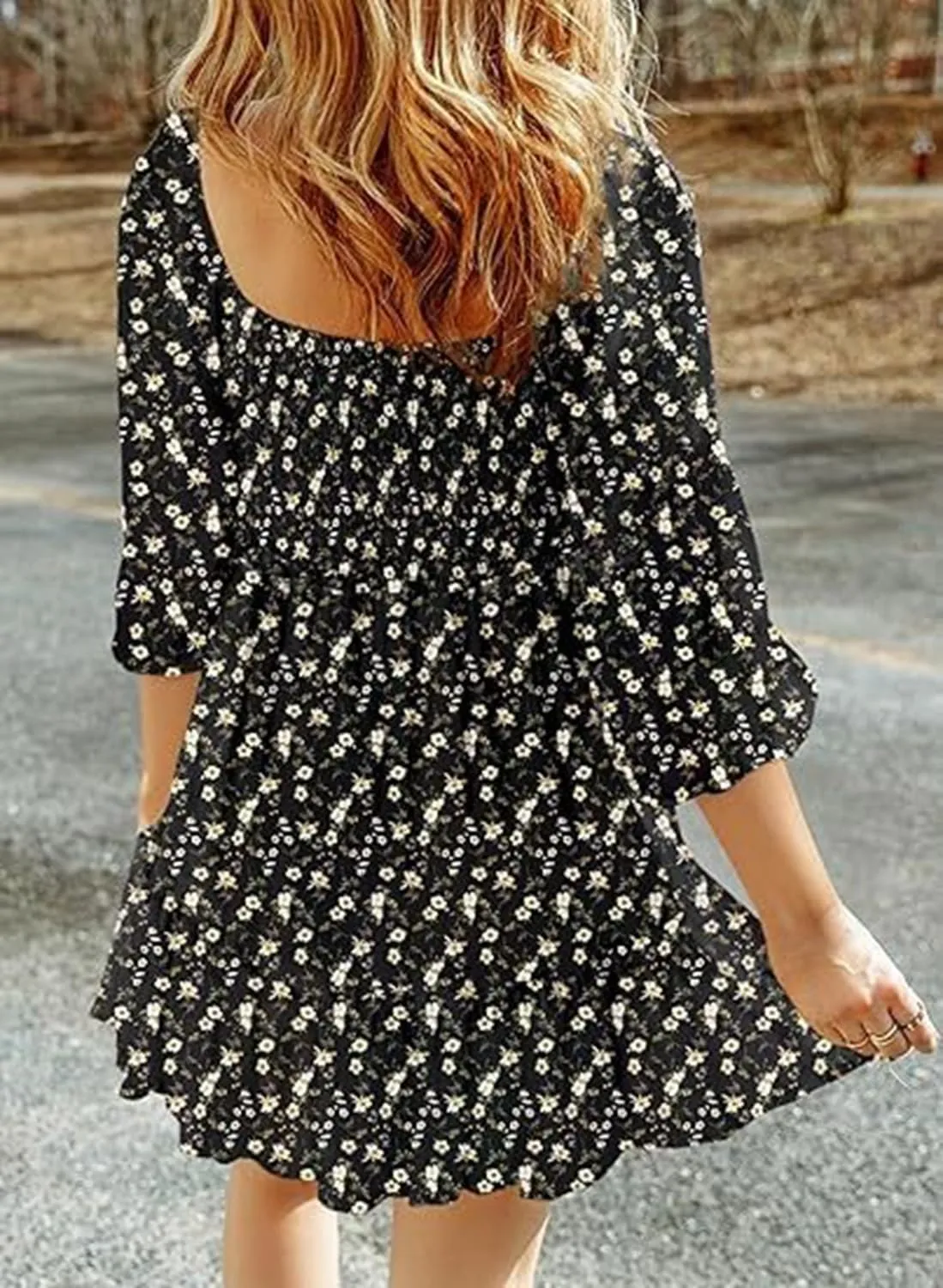 Women's Square Neck Short Sumemr Dress Long Sleeve Ruffle Ruched dersses for Women Casual 2024 Floral Aline Mini Dress