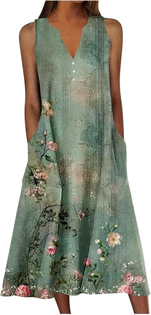 Womens Summer Boho Dress Casual Sleeveless Button V Neck Tshirt Dress Floral Print Beach Flowy Sundress with Pockets