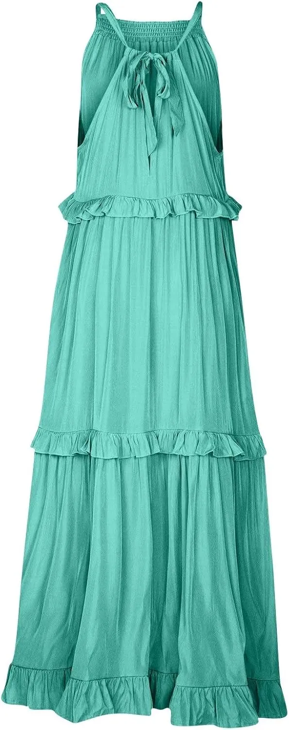 Women's Summer Boho Tiered Casual Flowy Long Maxi Dress Short Sleeve Square Neck Swing Beach Long Maxi Dresses