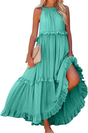 Women's Summer Boho Tiered Casual Flowy Long Maxi Dress Short Sleeve Square Neck Swing Beach Long Maxi Dresses