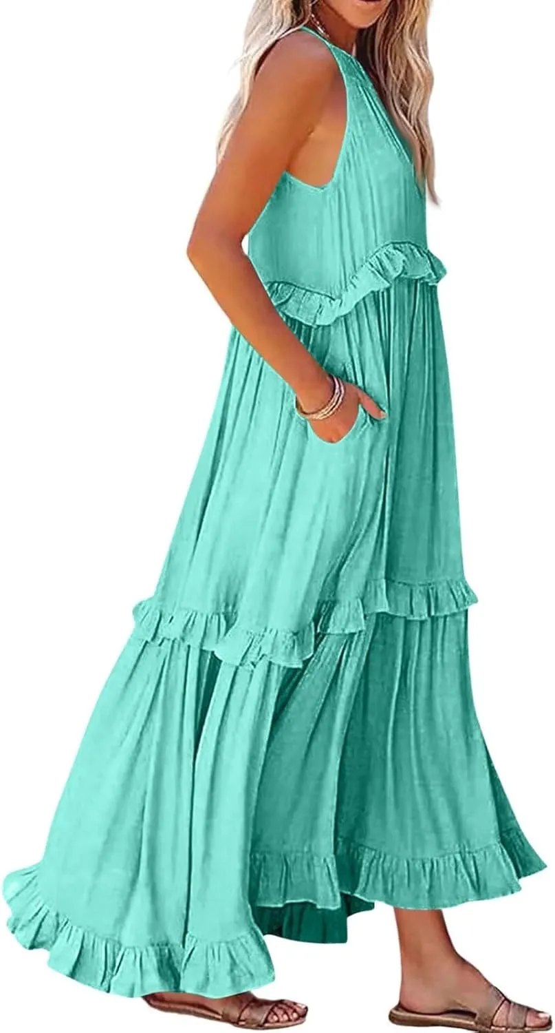 Women's Summer Boho Tiered Casual Flowy Long Maxi Dress Short Sleeve Square Neck Swing Beach Long Maxi Dresses