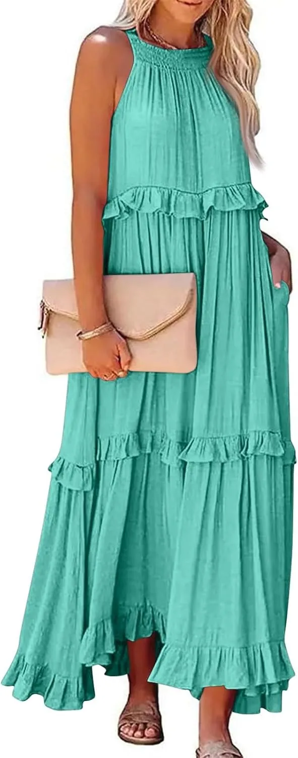 Women's Summer Boho Tiered Casual Flowy Long Maxi Dress Short Sleeve Square Neck Swing Beach Long Maxi Dresses