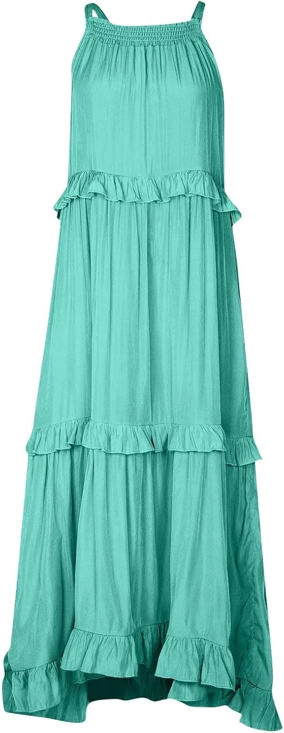 Women's Summer Boho Tiered Casual Flowy Long Maxi Dress Short Sleeve Square Neck Swing Beach Long Maxi Dresses