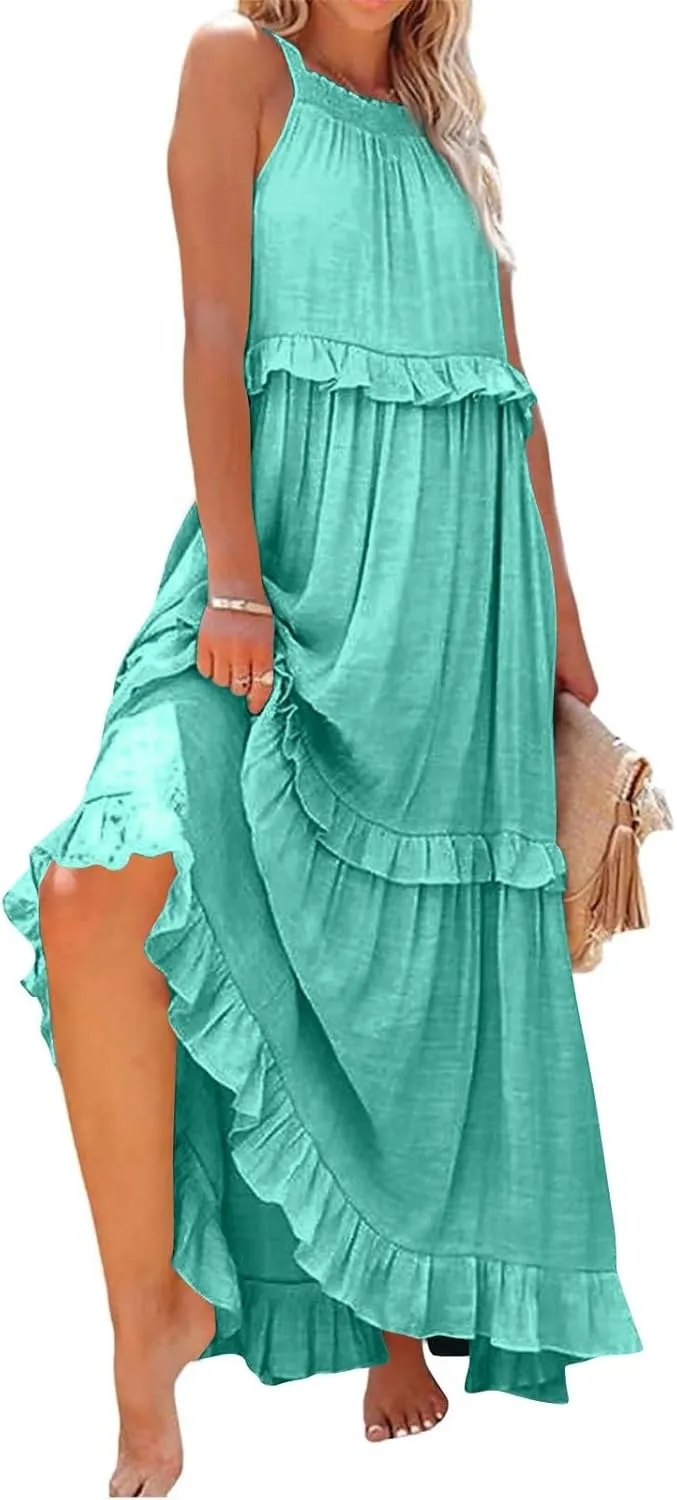 Women's Summer Boho Tiered Casual Flowy Long Maxi Dress Short Sleeve Square Neck Swing Beach Long Maxi Dresses