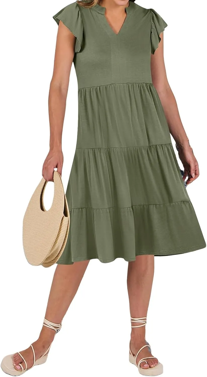 Womens Summer Casual Maxi Dress Ruffle Sleeve V Neck Midi Dresses Flowy Tiered A-Line Boho Beach Vacation Sundress
