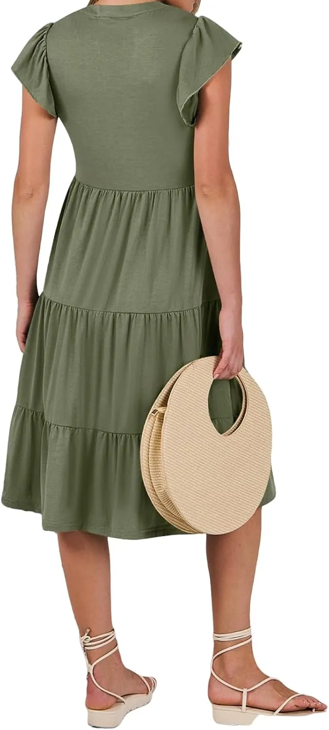 Womens Summer Casual Maxi Dress Ruffle Sleeve V Neck Midi Dresses Flowy Tiered A-Line Boho Beach Vacation Sundress