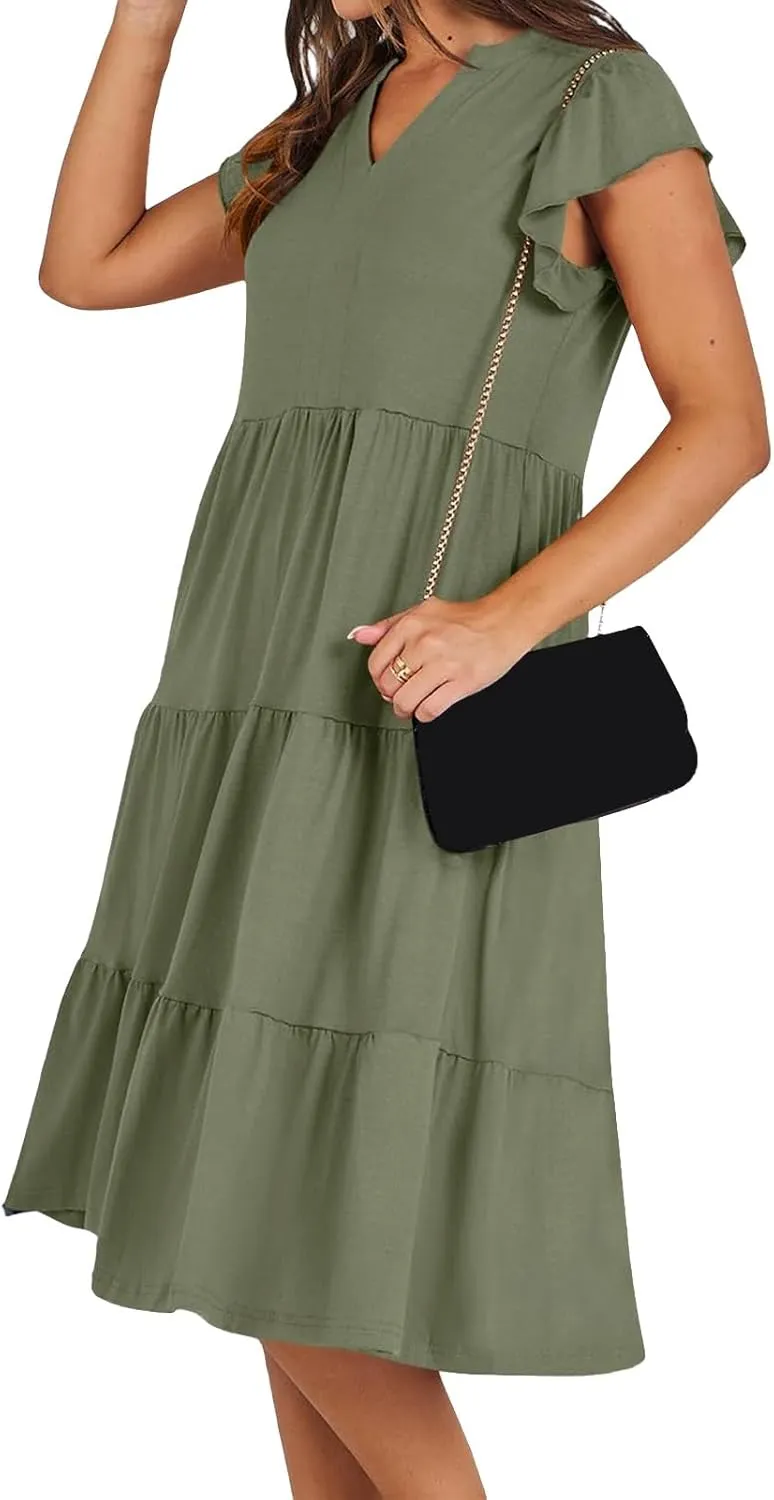 Womens Summer Casual Maxi Dress Ruffle Sleeve V Neck Midi Dresses Flowy Tiered A-Line Boho Beach Vacation Sundress