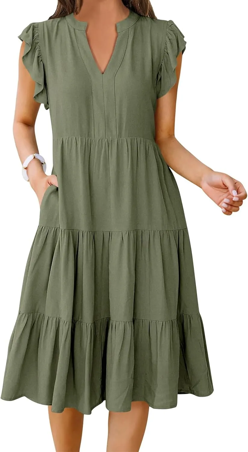 Womens Summer Casual Maxi Dress Ruffle Sleeve V Neck Midi Dresses Flowy Tiered A-Line Boho Beach Vacation Sundress