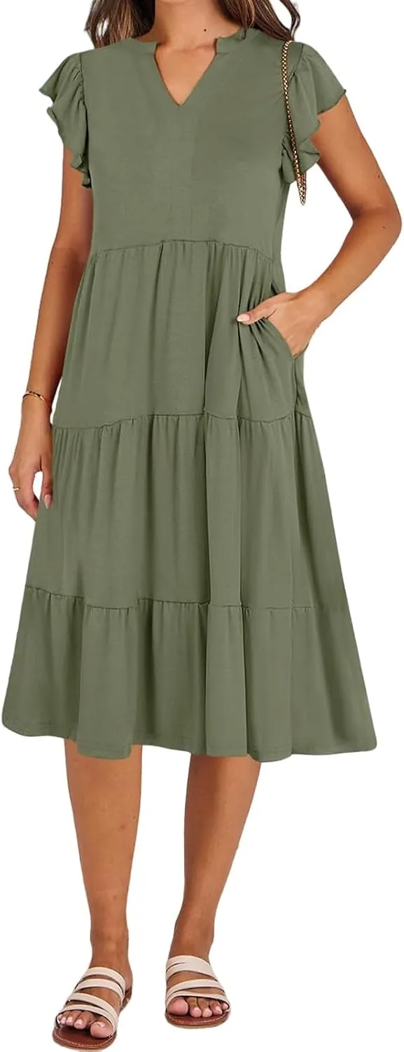 Womens Summer Casual Maxi Dress Ruffle Sleeve V Neck Midi Dresses Flowy Tiered A-Line Boho Beach Vacation Sundress
