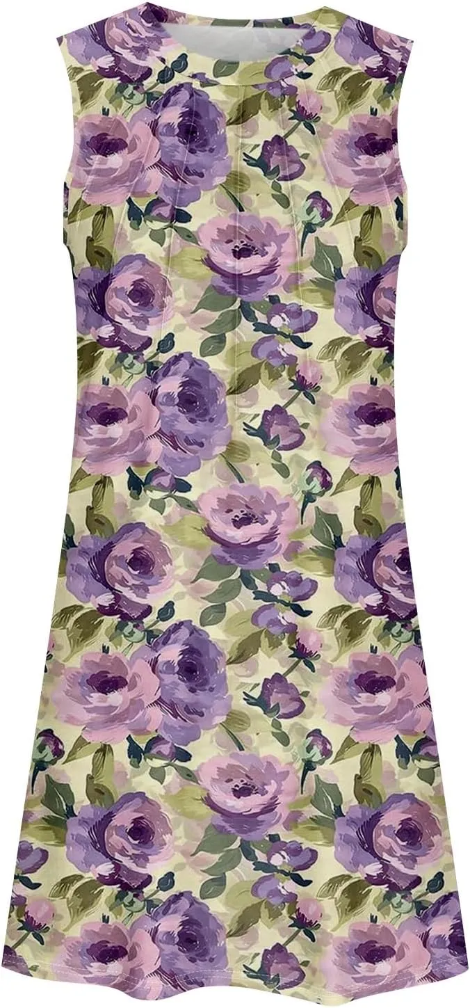 Women's Summer Casual U Neck Tank Top A Line Pleated Floral Print Sleeveless Loose Beach Vacation Mini Sundresses