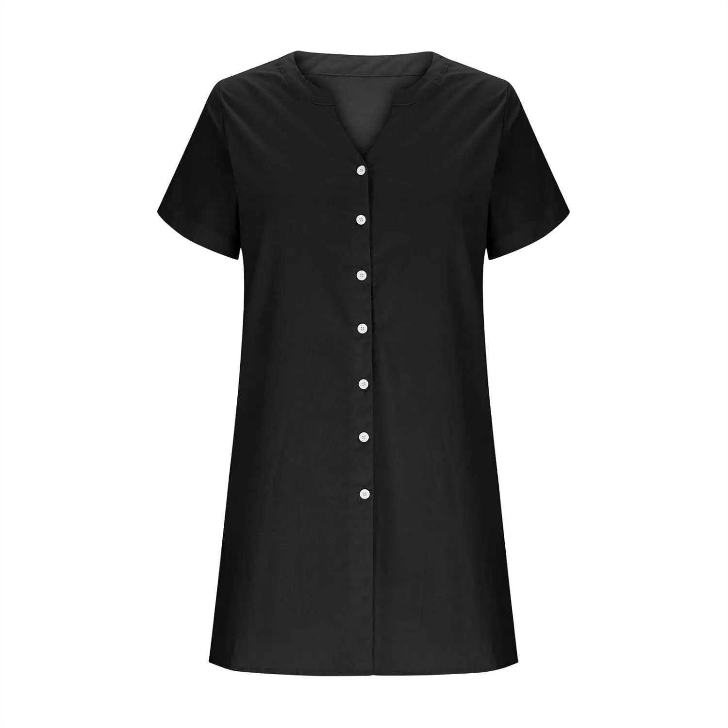 Womens Summer Dresses Loose Fit V Neck Short Sleeve T Shirt Dresses Casual Solid Color Button Down Mini Tunic Dress