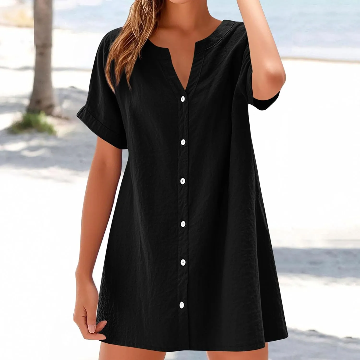 Womens Summer Dresses Loose Fit V Neck Short Sleeve T Shirt Dresses Casual Solid Color Button Down Mini Tunic Dress