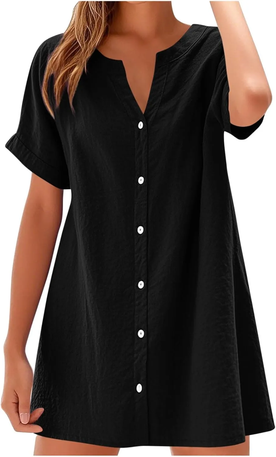 Womens Summer Dresses Loose Fit V Neck Short Sleeve T Shirt Dresses Casual Solid Color Button Down Mini Tunic Dress