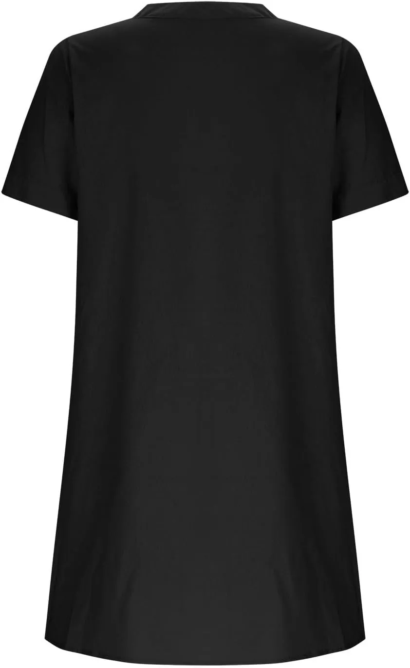 Womens Summer Dresses Loose Fit V Neck Short Sleeve T Shirt Dresses Casual Solid Color Button Down Mini Tunic Dress