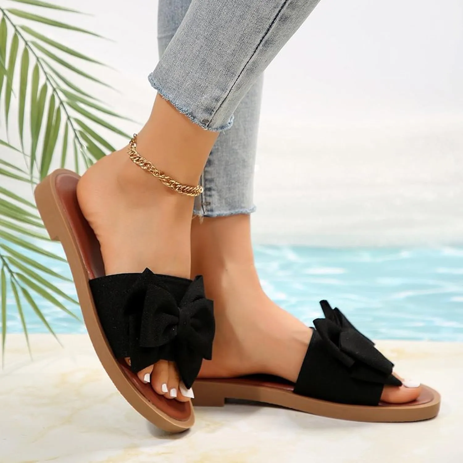 Women's Summer Fashion Bow Knot Flat Sandals 2025 Comfy Casual Open Toe Comfortable Slip On Slide Sandals Wide Width Walking Dress Shoes for Party Casual Beach Vacation