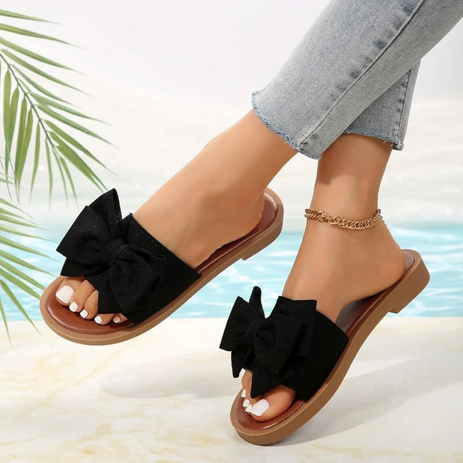 Women's Summer Fashion Bow Knot Flat Sandals 2025 Comfy Casual Open Toe Comfortable Slip On Slide Sandals Wide Width Walking Dress Shoes for Party Casual Beach Vacation