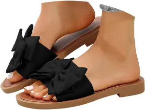 Women's Summer Fashion Bow Knot Flat Sandals 2025 Comfy Casual Open Toe Comfortable Slip On Slide Sandals Wide Width Walking Dress Shoes for Party Casual Beach Vacation