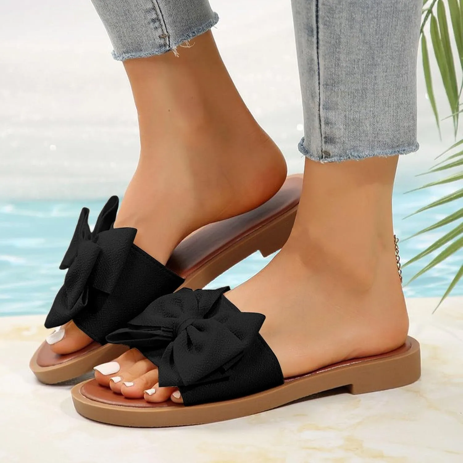 Women's Summer Fashion Bow Knot Flat Sandals 2025 Comfy Casual Open Toe Comfortable Slip On Slide Sandals Wide Width Walking Dress Shoes for Party Casual Beach Vacation