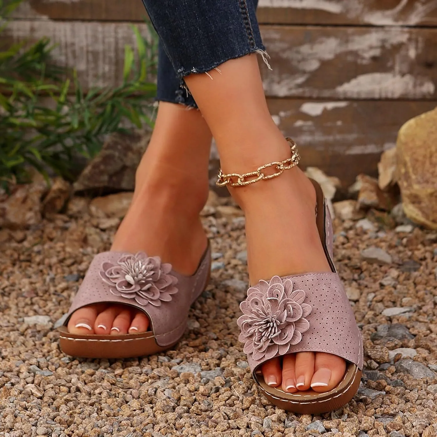 Womens Summer Shoes 2025,Low Wedge Sandals Retro Bohemian Floral Breathable Slip On Orthopedic Arch Support Slide Sandal
