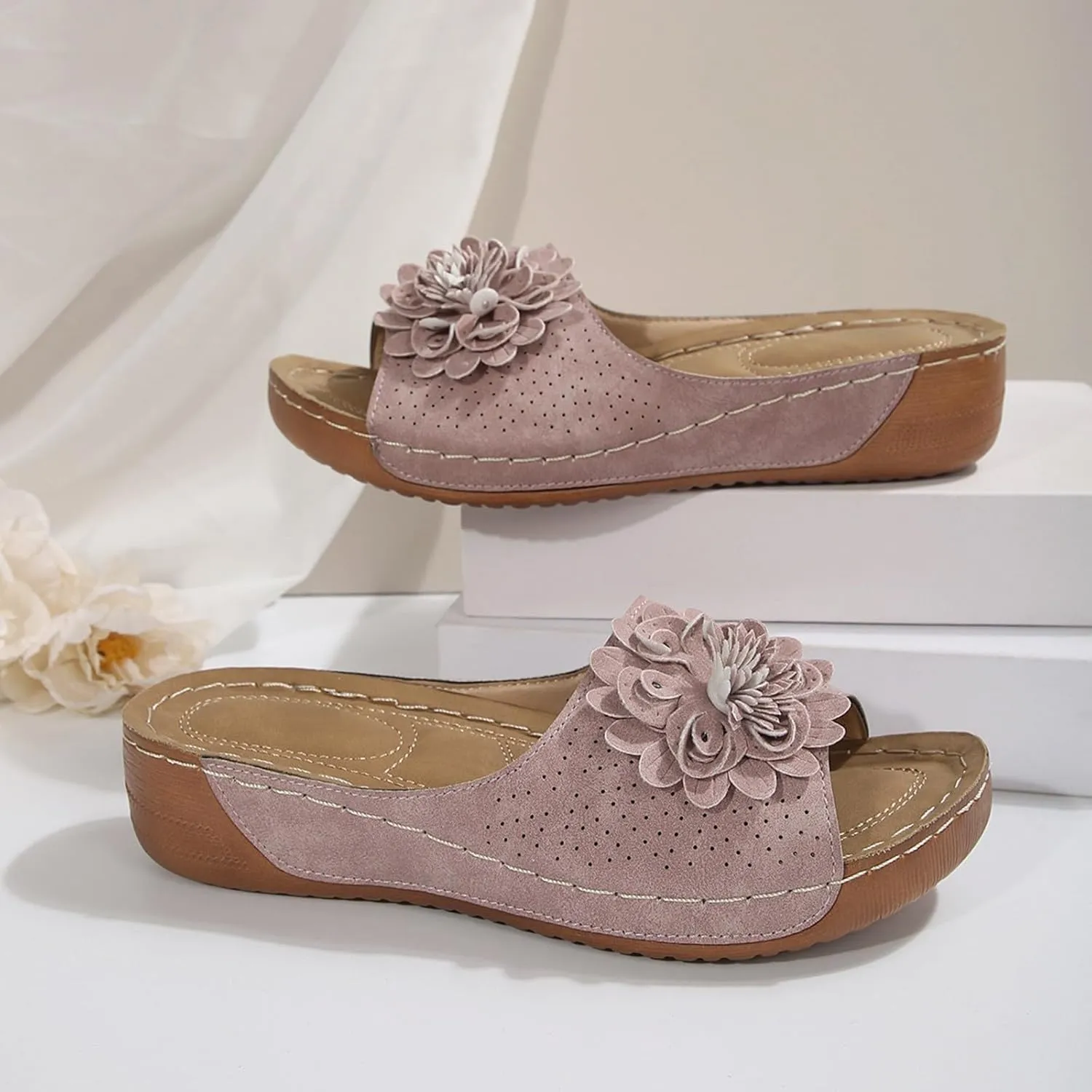 Womens Summer Shoes 2025,Low Wedge Sandals Retro Bohemian Floral Breathable Slip On Orthopedic Arch Support Slide Sandal