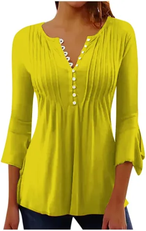 Women's Summer Tops Vintage Print Button Down 3/4 Sleeve Shirts Causal Empire Waist Boho Floral Print Tunic Shirts