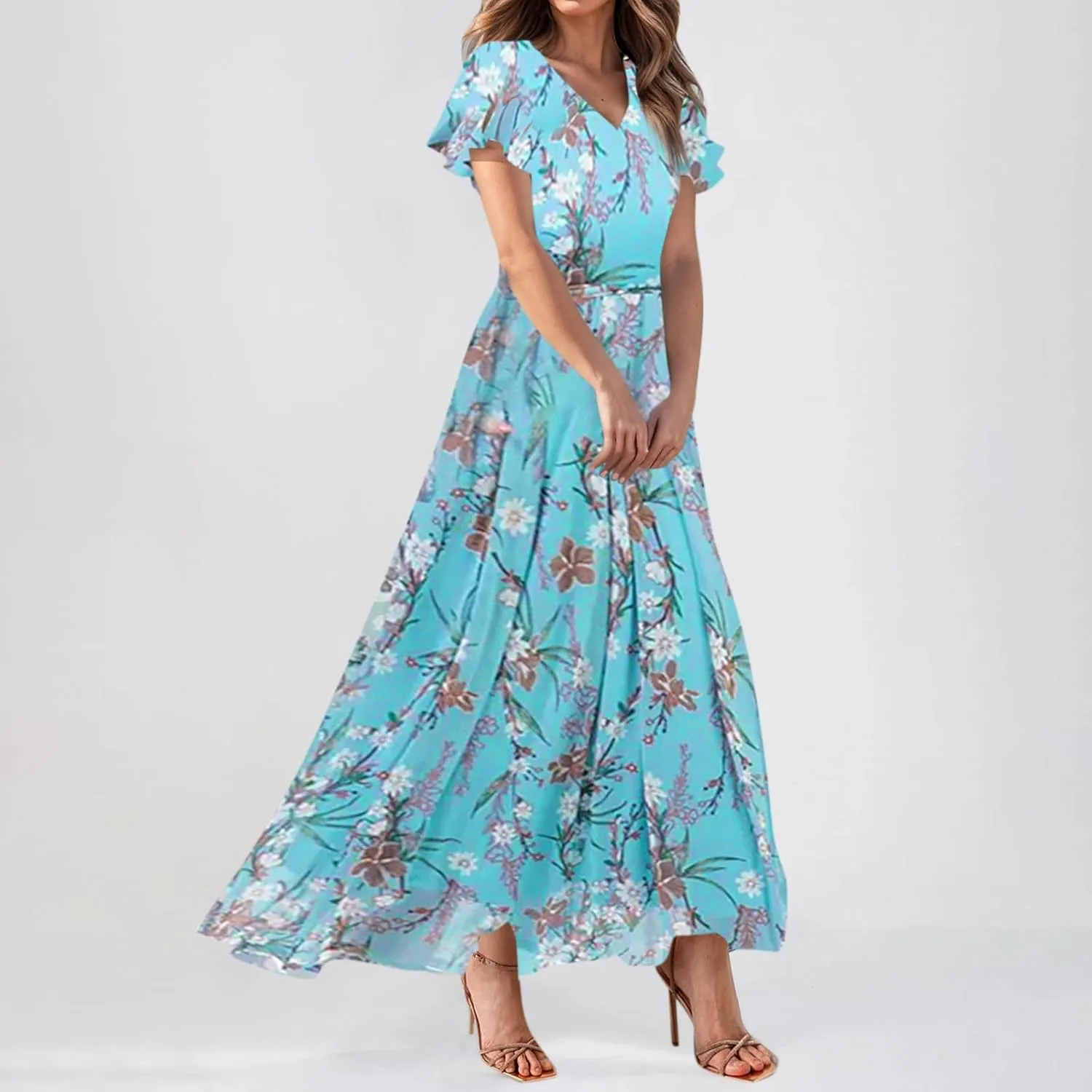 Womens Summer Wrap V Neck Casual Dresses Boho Floral V Neck Short Sleeve Ruffle A-Line Midi Sundress