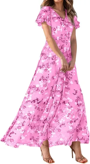 Womens Summer Wrap V Neck Casual Dresses Boho Floral V Neck Short Sleeve Ruffle A-Line Midi Sundress
