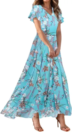 Womens Summer Wrap V Neck Casual Dresses Boho Floral V Neck Short Sleeve Ruffle A-Line Midi Sundress