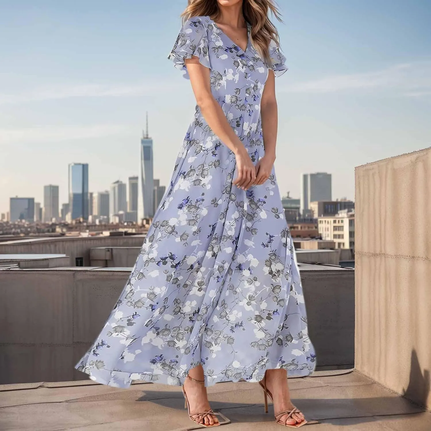 Womens Summer Wrap V Neck Casual Dresses Boho Floral V Neck Short Sleeve Ruffle A-Line Midi Sundress