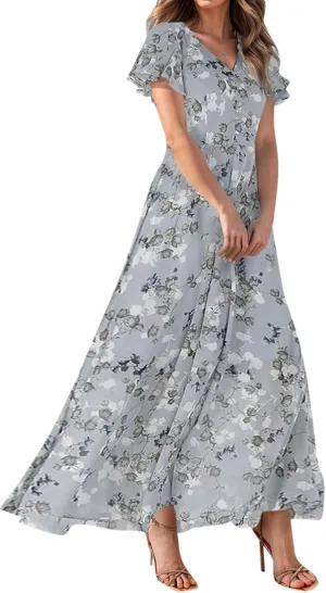Womens Summer Wrap V Neck Casual Dresses Boho Floral V Neck Short Sleeve Ruffle A-Line Midi Sundress
