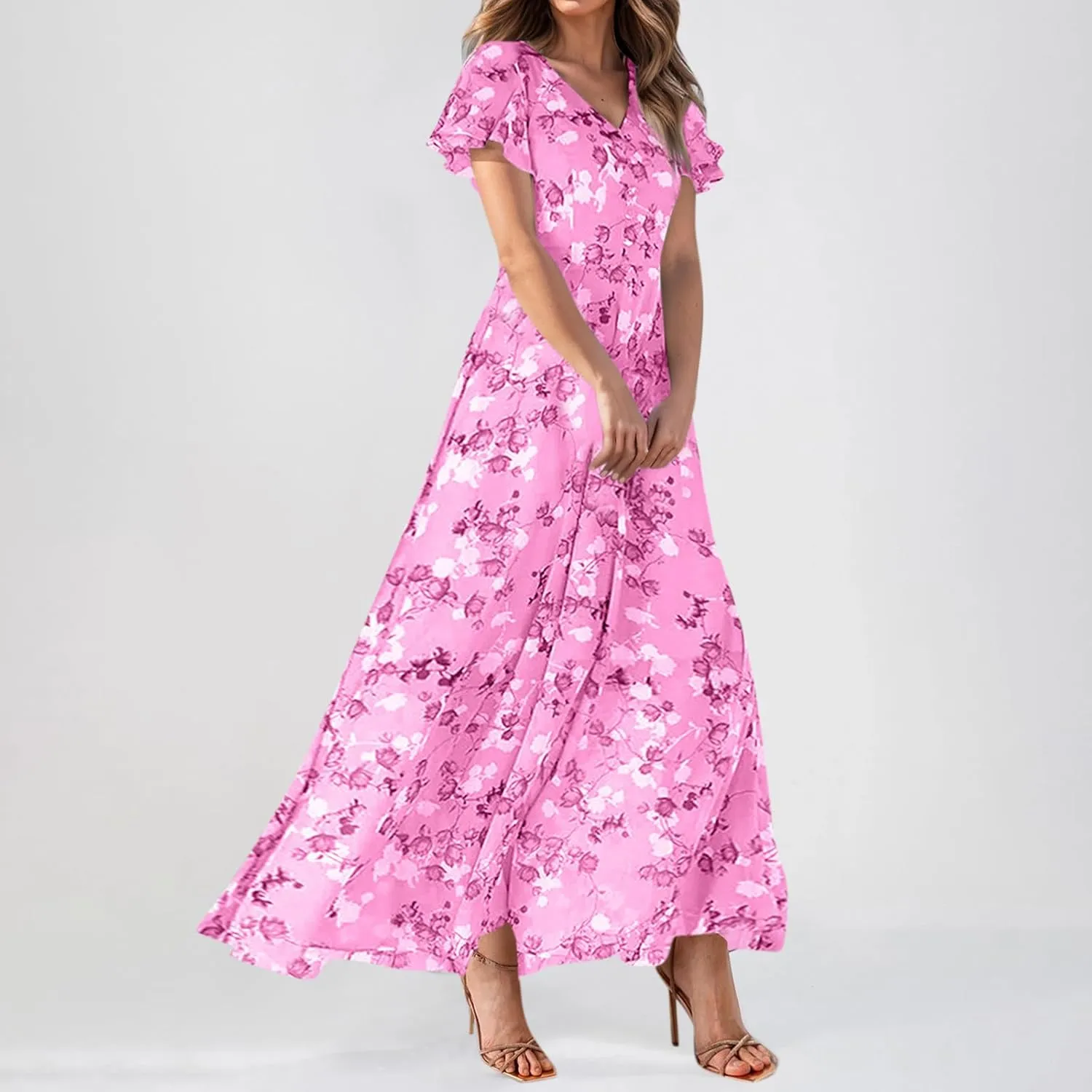 Womens Summer Wrap V Neck Casual Dresses Boho Floral V Neck Short Sleeve Ruffle A-Line Midi Sundress