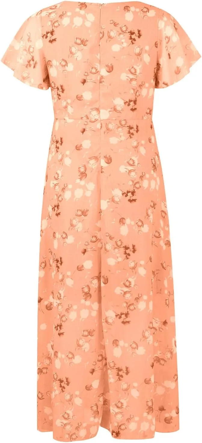 Womens Summer Wrap V Neck Casual Dresses Boho Floral V Neck Short Sleeve Ruffle A-Line Midi Sundress