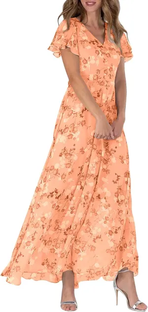 Womens Summer Wrap V Neck Casual Dresses Boho Floral V Neck Short Sleeve Ruffle A-Line Midi Sundress