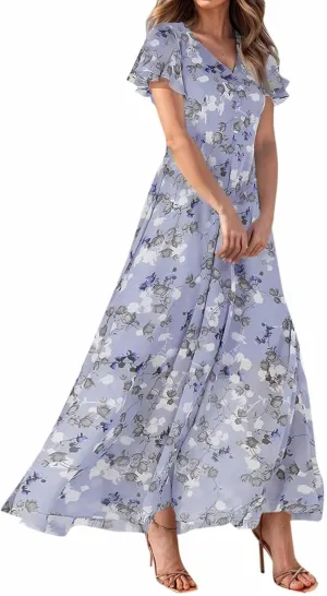 Womens Summer Wrap V Neck Casual Dresses Boho Floral V Neck Short Sleeve Ruffle A-Line Midi Sundress