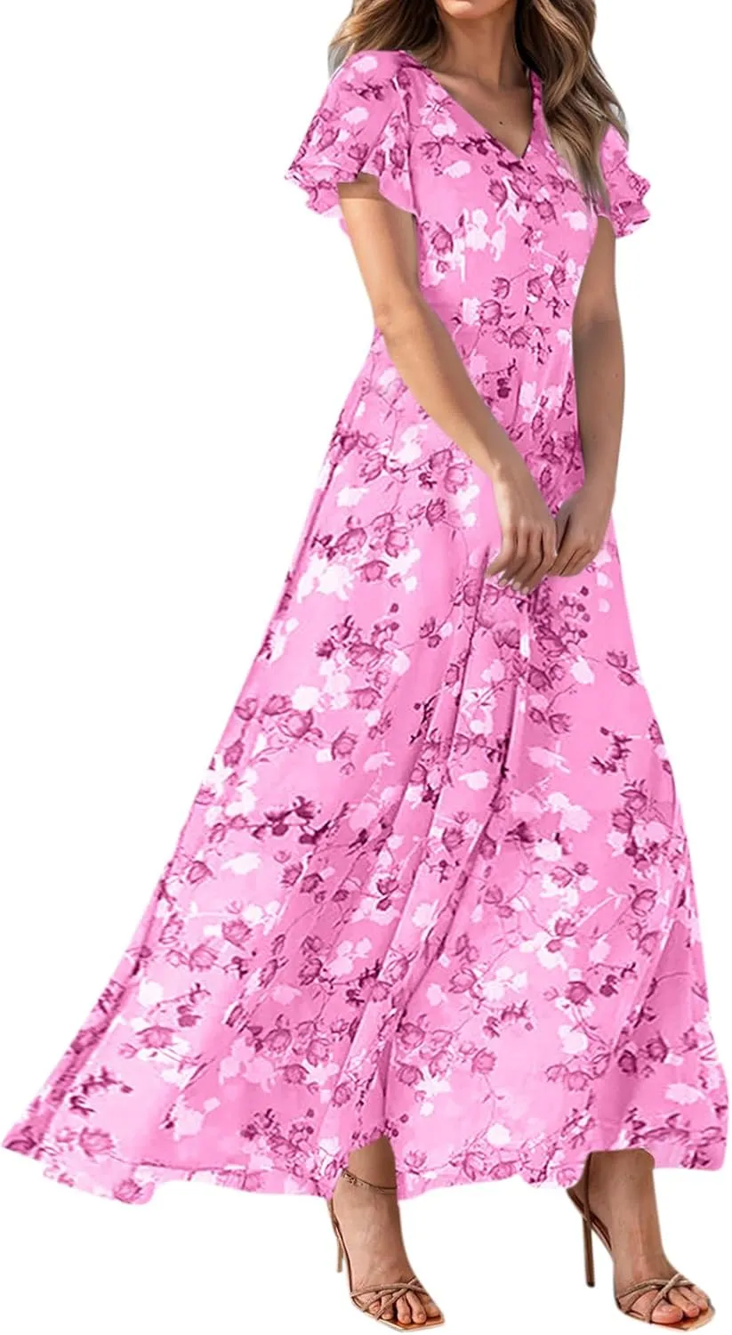 Womens Summer Wrap V Neck Casual Dresses Boho Floral V Neck Short Sleeve Ruffle A-Line Midi Sundress