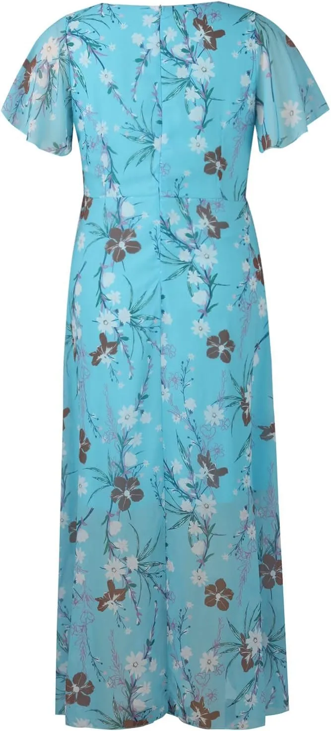 Womens Summer Wrap V Neck Casual Dresses Boho Floral V Neck Short Sleeve Ruffle A-Line Midi Sundress