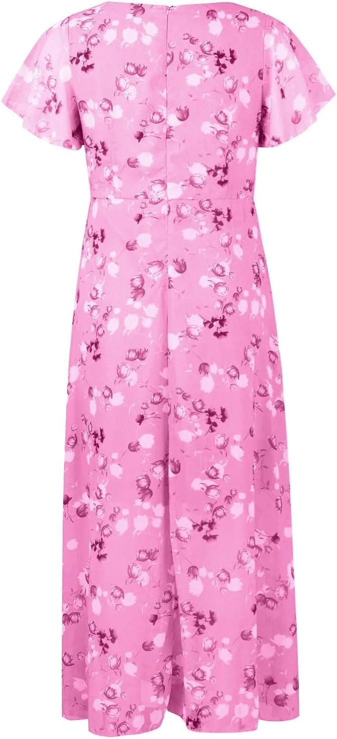 Womens Summer Wrap V Neck Casual Dresses Boho Floral V Neck Short Sleeve Ruffle A-Line Midi Sundress
