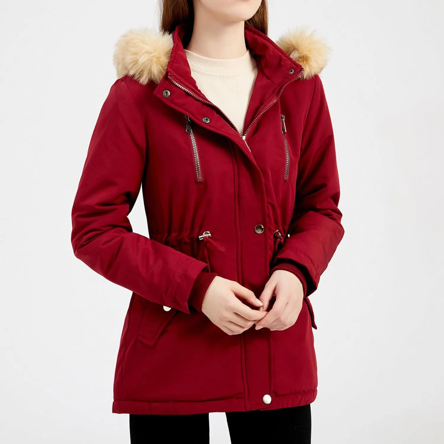 Women's Thicken Fur Lined Warm Winter Coat,Fashion Removable Hood Plus Size Mid Length Jackets Coat with Pockets