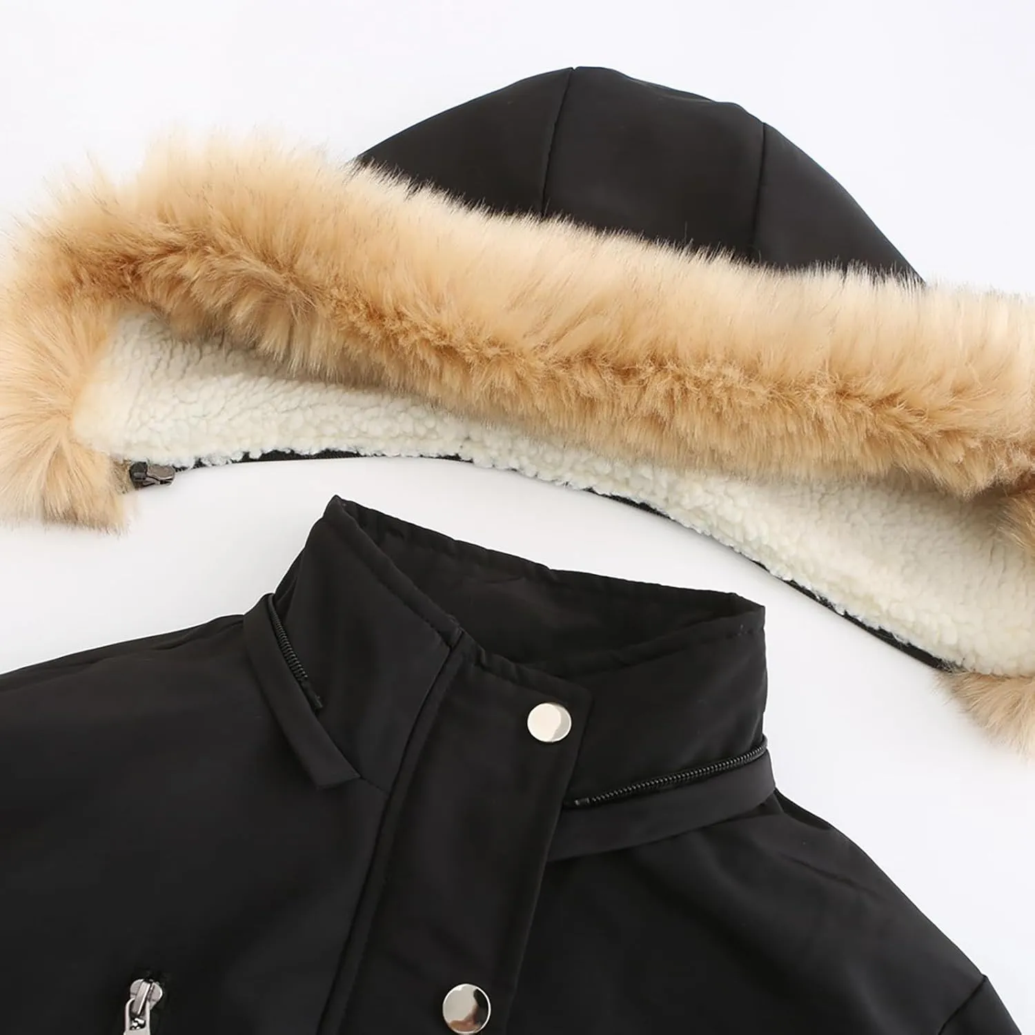 Women's Thicken Fur Lined Warm Winter Coat,Fashion Removable Hood Plus Size Mid Length Jackets Coat with Pockets