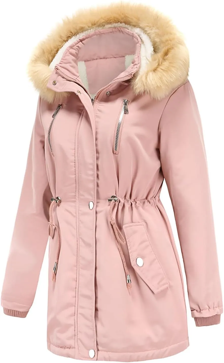 Women's Thicken Fur Lined Warm Winter Coat,Fashion Removable Hood Plus Size Mid Length Jackets Coat with Pockets