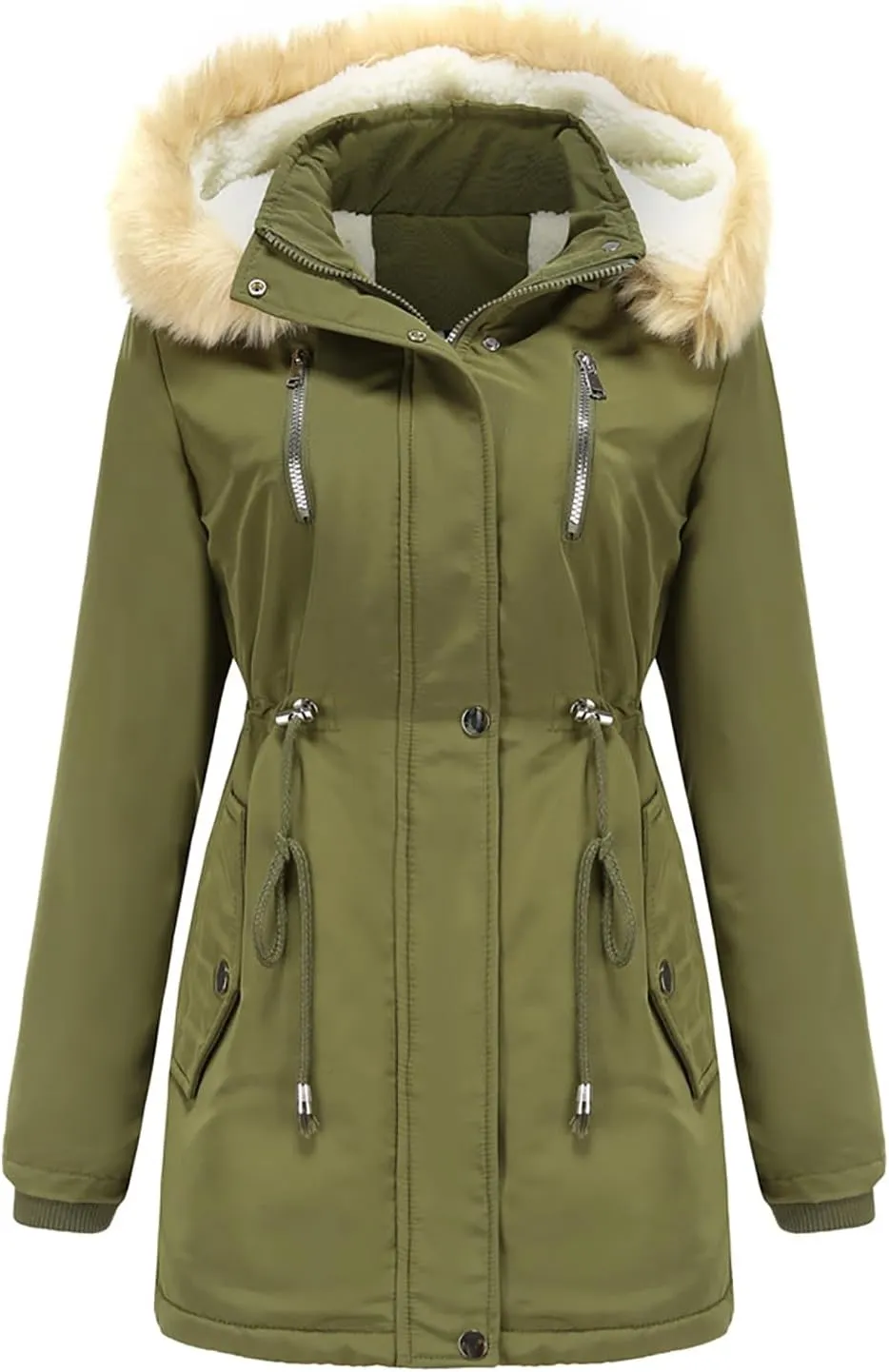 Women's Thicken Fur Lined Warm Winter Coat,Fashion Removable Hood Plus Size Mid Length Jackets Coat with Pockets
