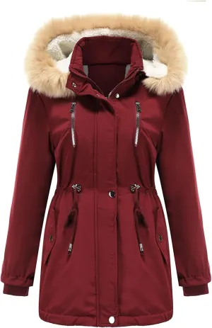 Women's Thicken Fur Lined Warm Winter Coat,Fashion Removable Hood Plus Size Mid Length Jackets Coat with Pockets