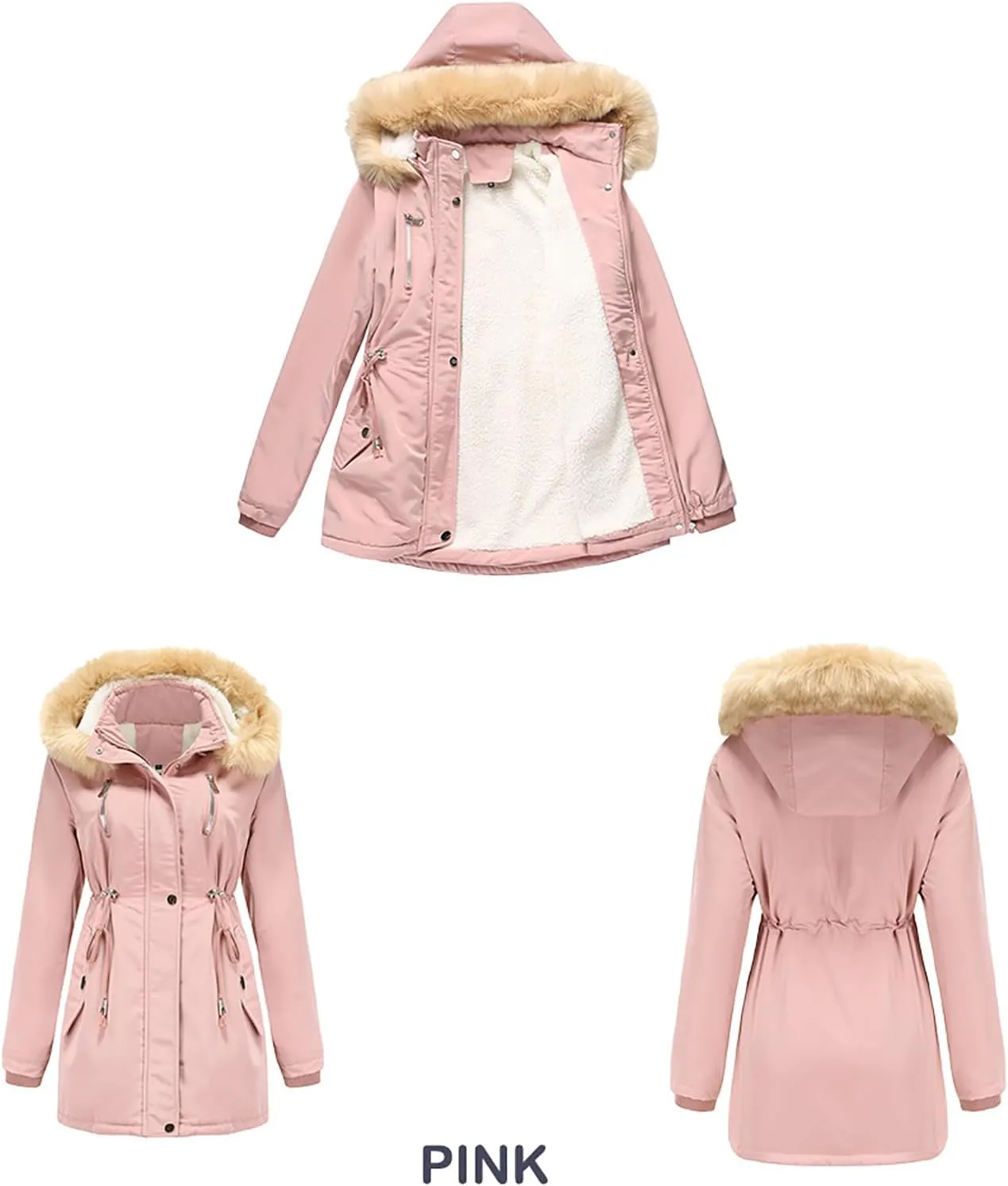Women's Thicken Fur Lined Warm Winter Coat,Fashion Removable Hood Plus Size Mid Length Jackets Coat with Pockets